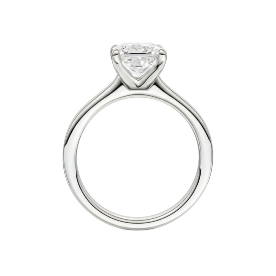 A profile view of the Princess cut diamond engagement ring in platinum with a plain band and solitaire setting