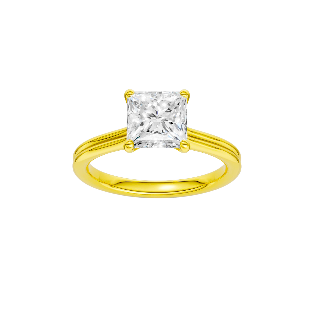 A front view of the Princess cut diamond engagement ring in 14k yellow gold with a plain band and solitaire setting