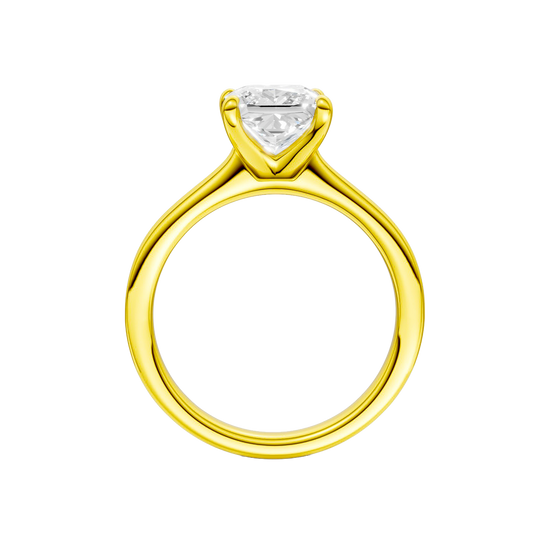 A profile view of the Princess cut diamond engagement ring in 14k yellow gold with a plain band and solitaire setting