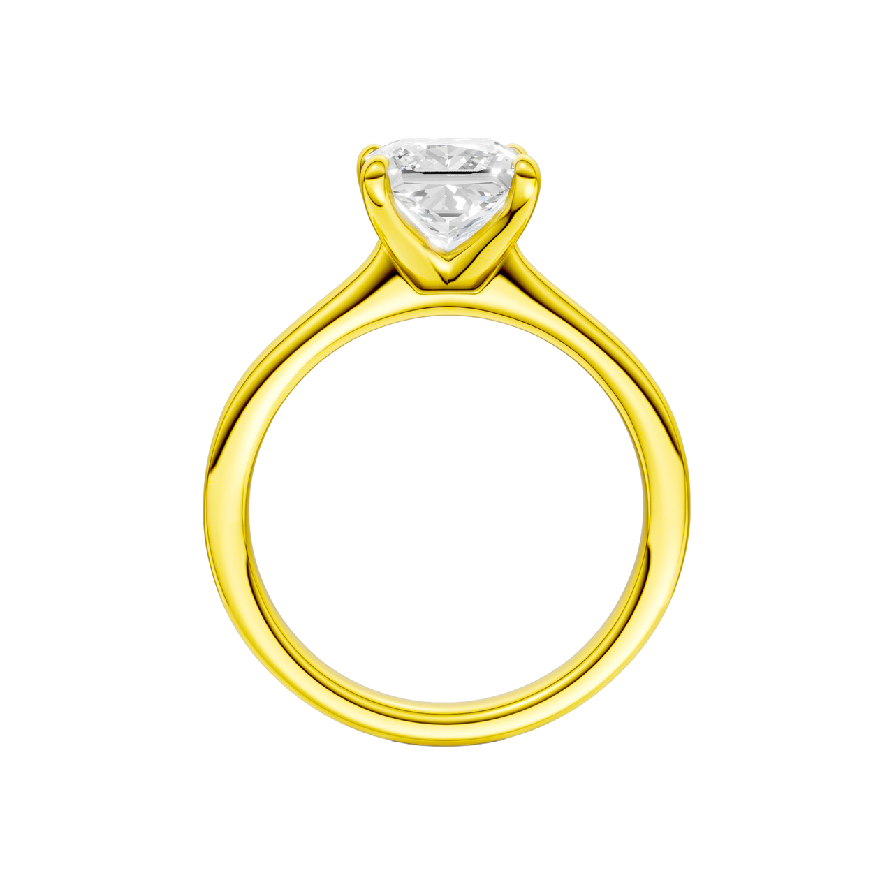 A profile view of the Princess cut diamond engagement ring in 14k yellow gold with a plain band and solitaire setting