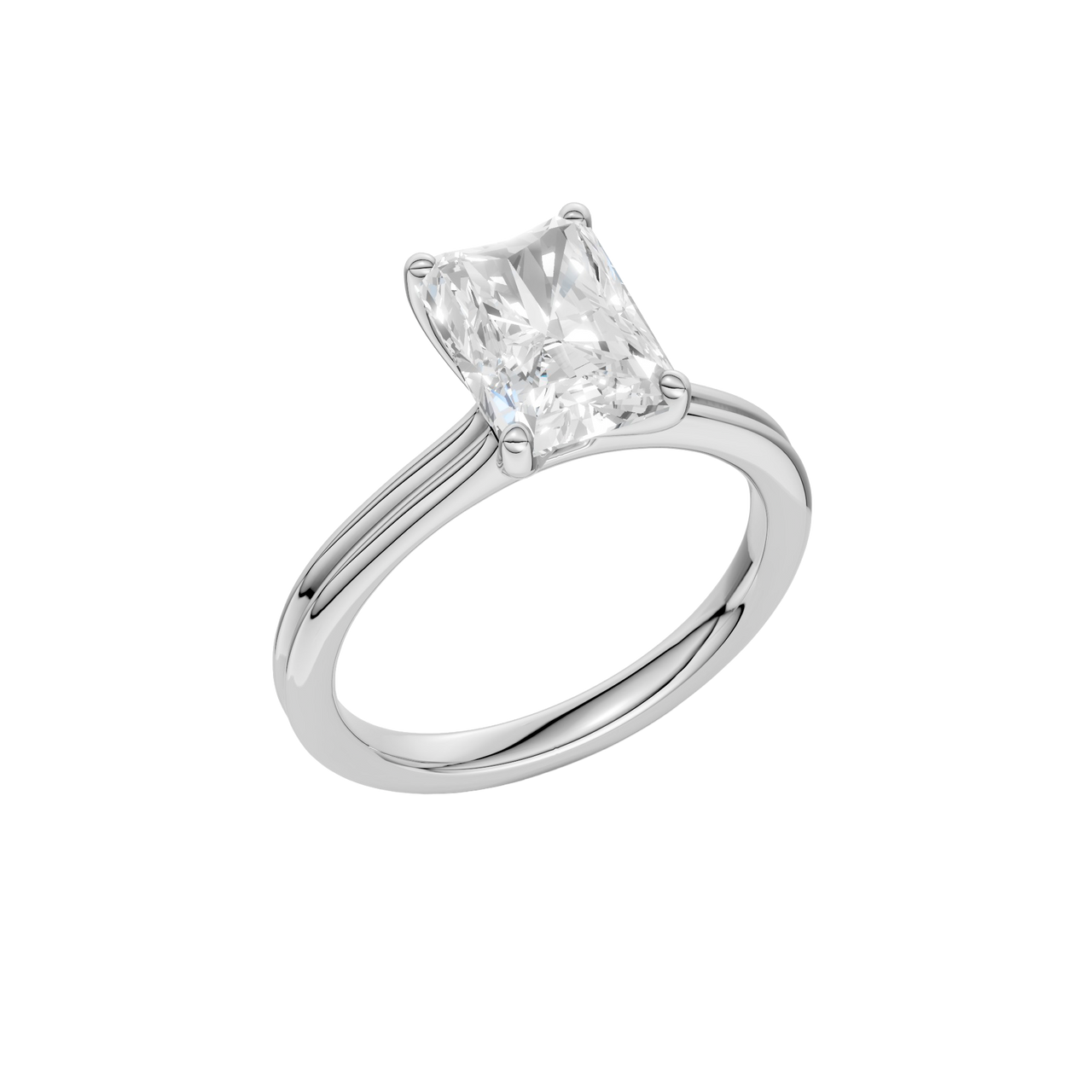 A three-quarter view of the Radiant cut diamond engagement ring in platinum with a plain band and solitaire setting