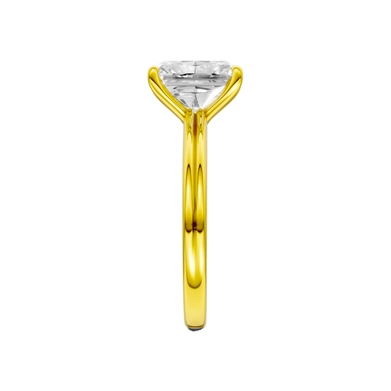 A side view of the Radiant cut diamond engagement ring in 14k yellow gold with a plain band and solitaire setting