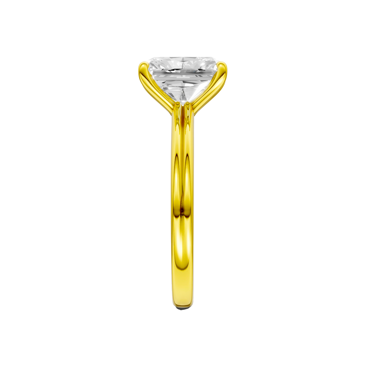 A side view of the Radiant cut diamond engagement ring in 14k yellow gold with a plain band and solitaire setting