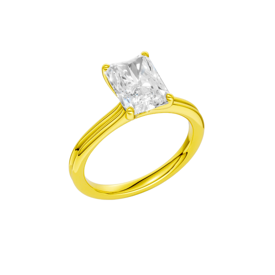 A three-quarter view of the Radiant cut diamond engagement ring in 14k yellow gold with a plain band and solitaire setting