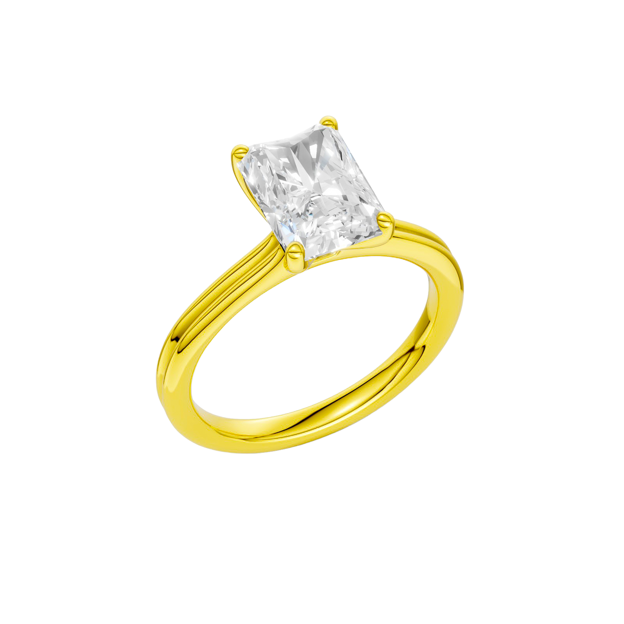 A three-quarter view of the Radiant cut diamond engagement ring in 14k yellow gold with a plain band and solitaire setting