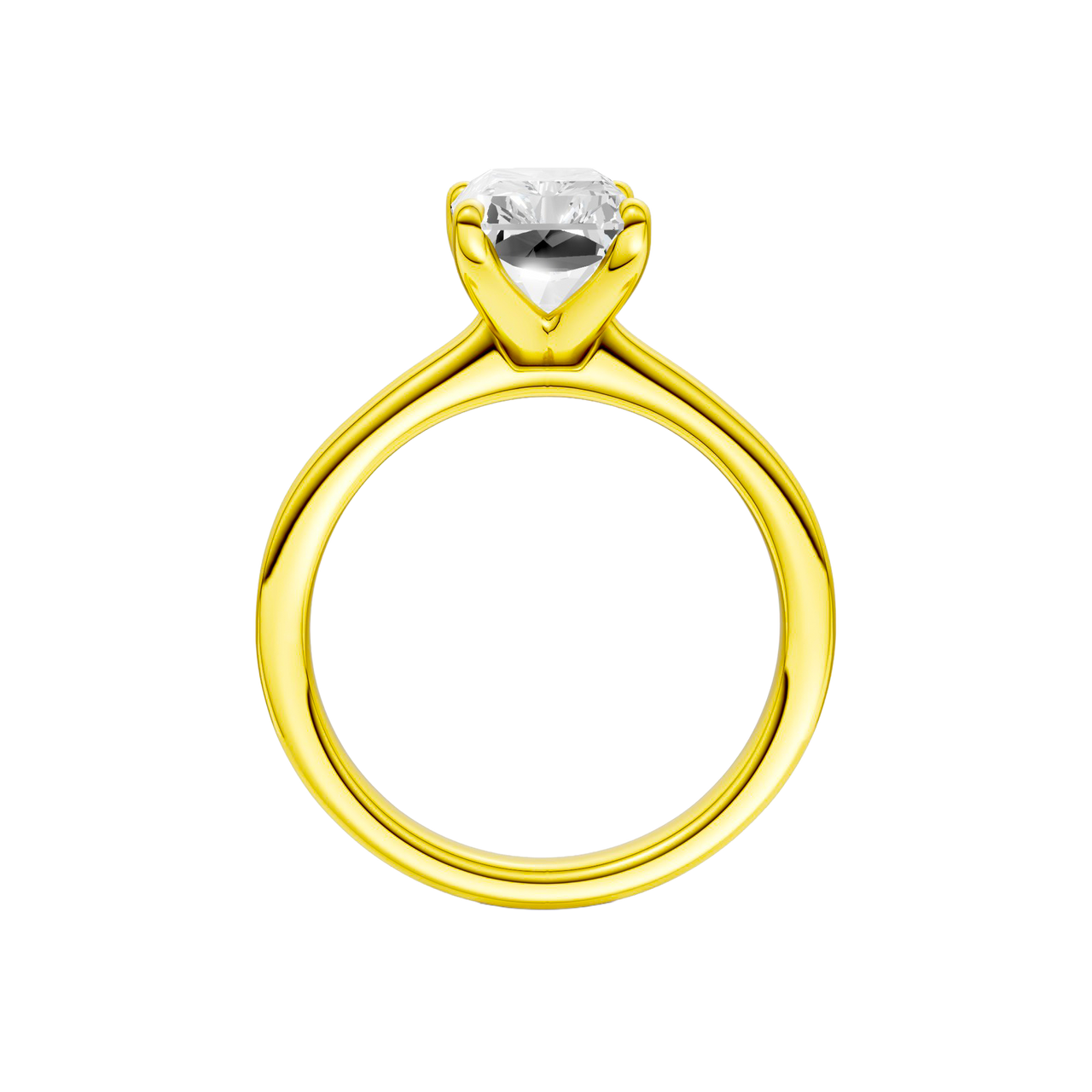 A profile view of the Radiant cut diamond engagement ring in 14k yellow gold with a plain band and solitaire setting