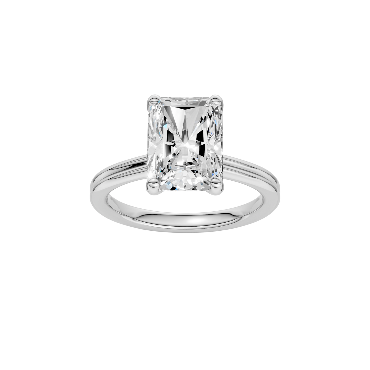A front view of the Radiant cut diamond engagement ring in 14k white gold with a plain band and solitaire setting
