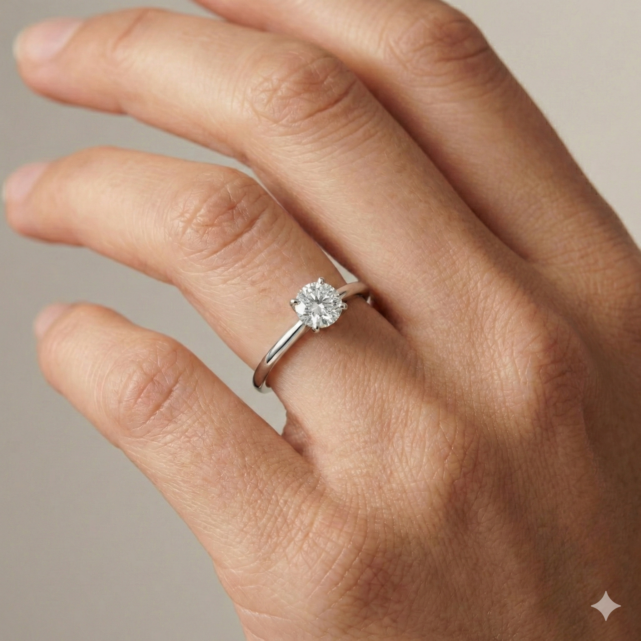 Round cut diamond engagement ring in 14k white gold with a plain band and solitaire setting on a hand