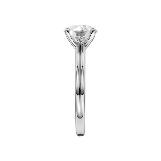 A side view of the Round cut diamond engagement ring in platinum with a plain band and solitaire setting