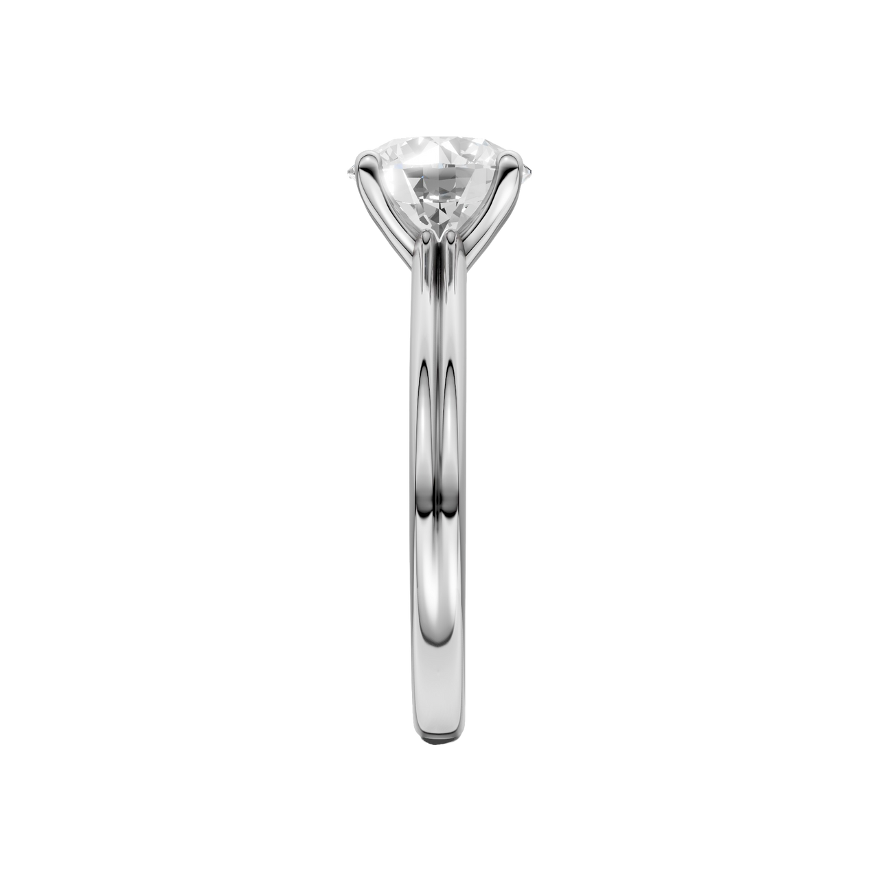 A side view of the Round cut diamond engagement ring in platinum with a plain band and solitaire setting