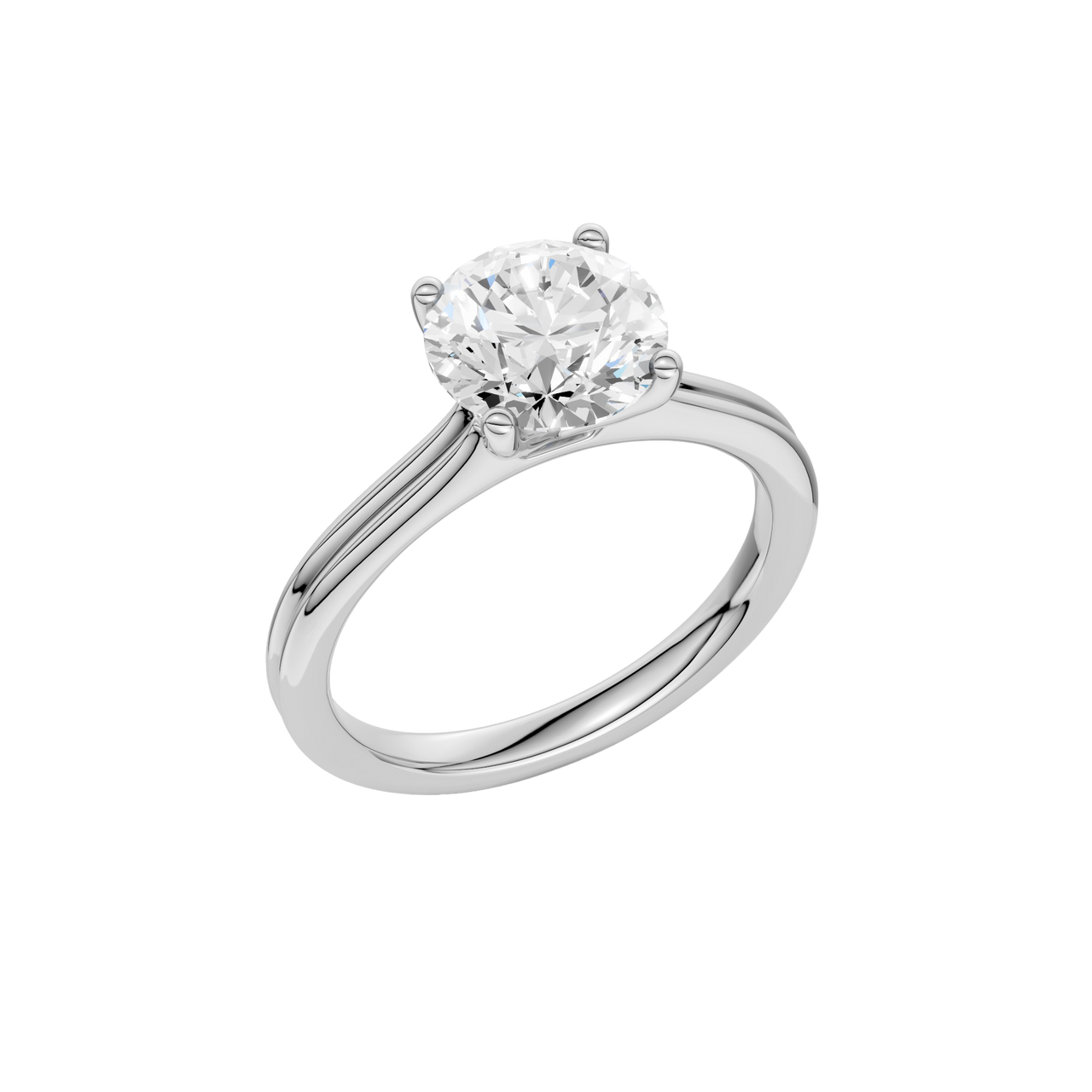 A three-quarter view of the Round cut diamond engagement ring in platinum with a plain band and solitaire setting