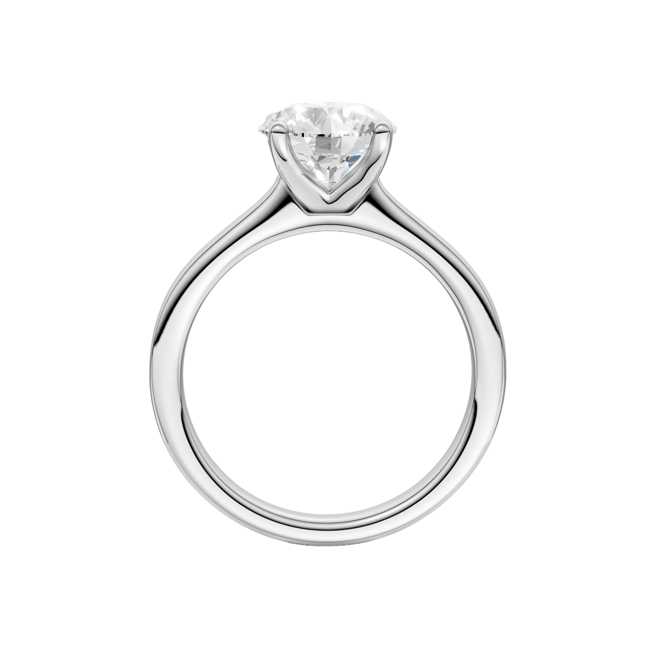 A profile view of the Round cut diamond engagement ring in platinum with a plain band and solitaire setting