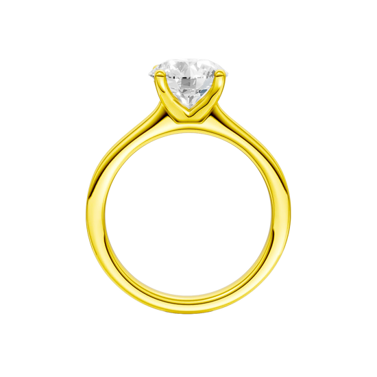 A profile view of the Round cut diamond engagement ring in 14k yellow gold with a plain band and solitaire setting