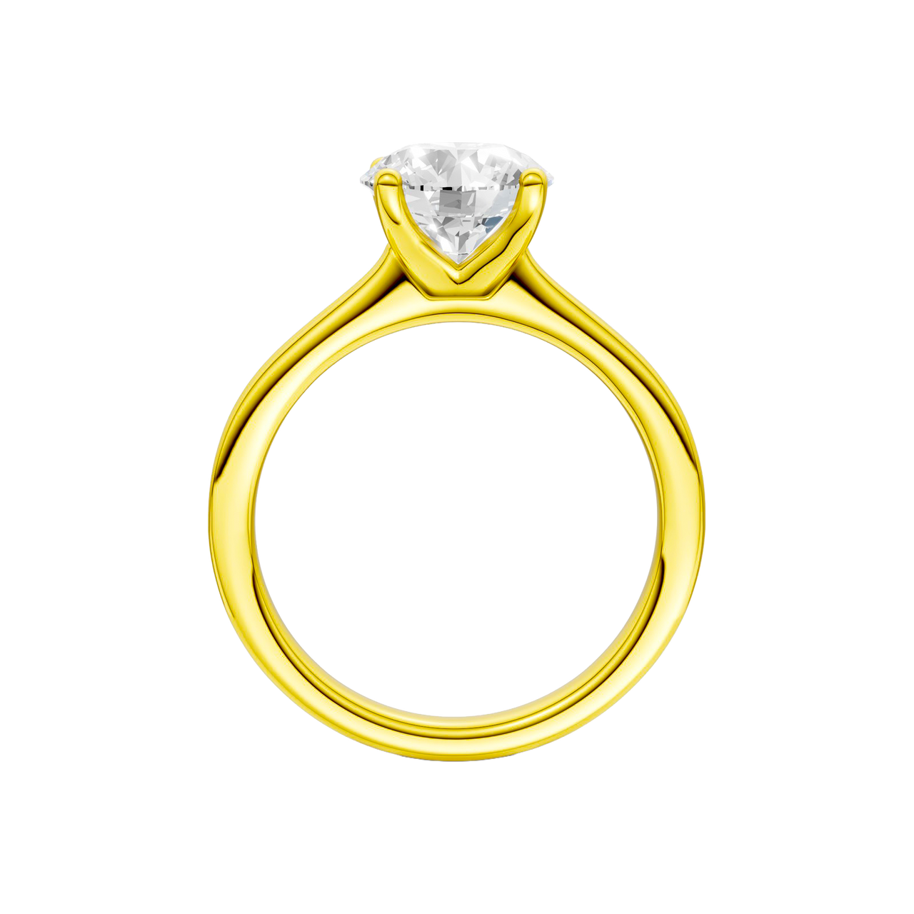 A profile view of the Round cut diamond engagement ring in 14k yellow gold with a plain band and solitaire setting