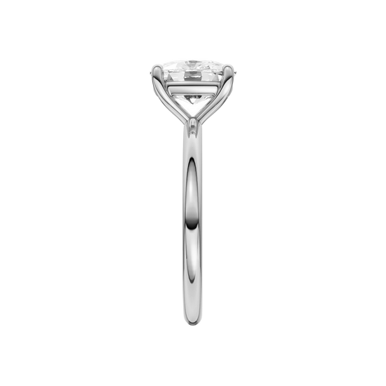 Side view of the Elongated cushion cut diamond engagement ring in 14k white gold with a plain band and solitaire setting