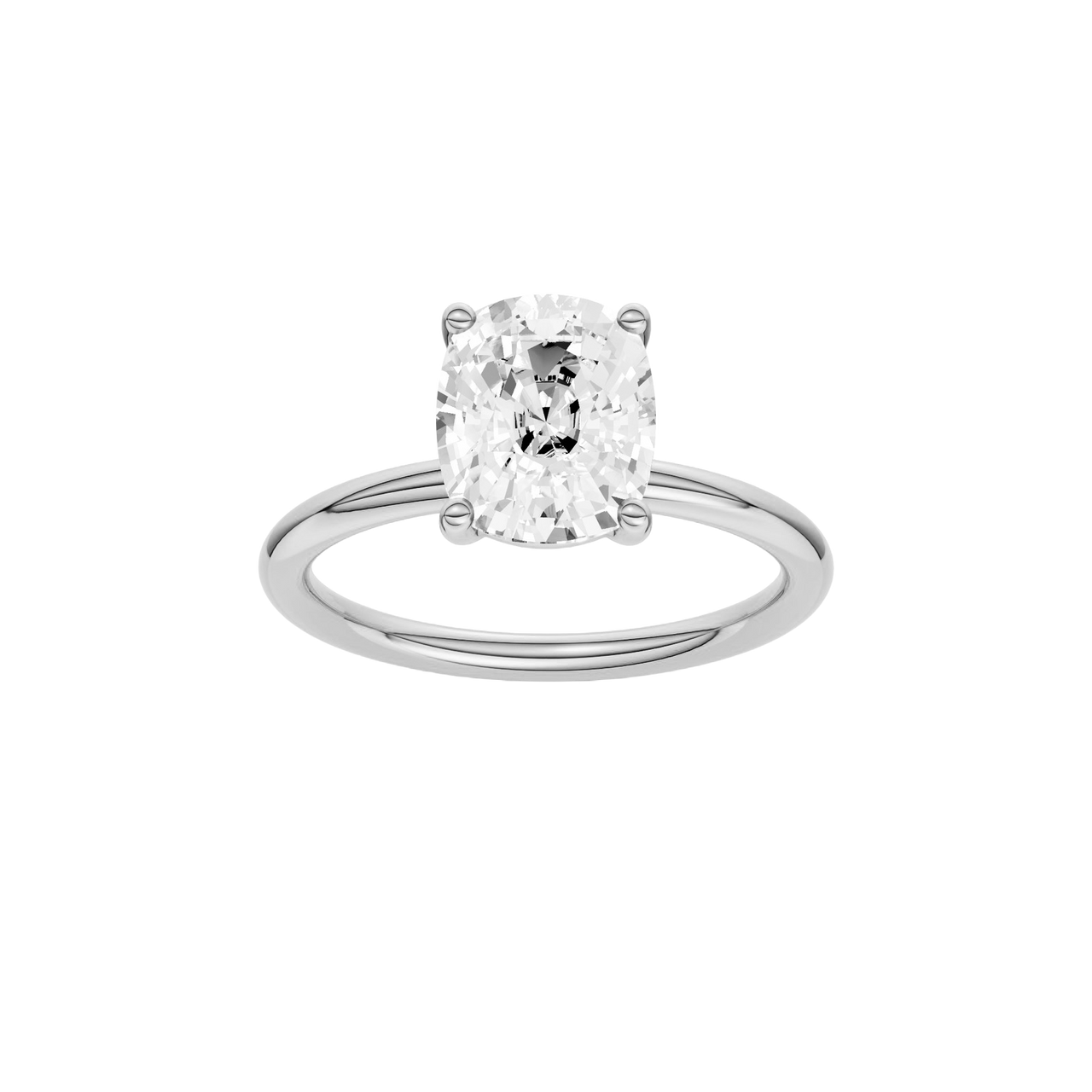 Front view of the Elongated cushion cut diamond engagement ring in platinum with a plain band and solitaire setting