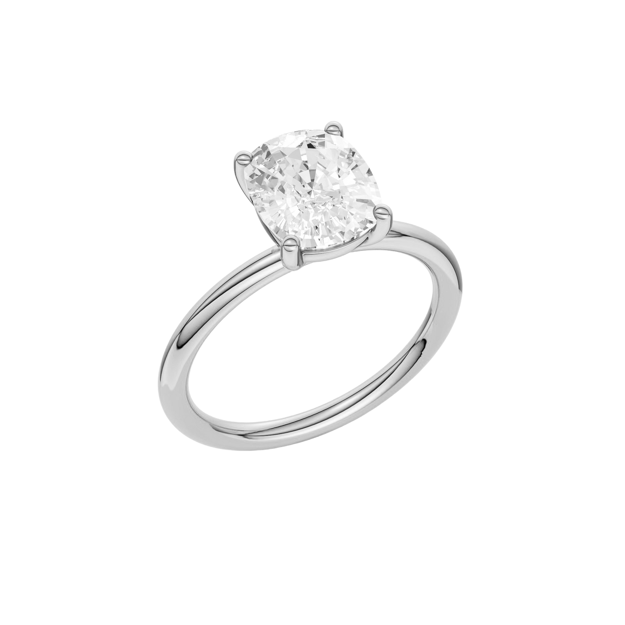 Angled view of the Elongated cushion cut diamond engagement ring in 14k white gold with a plain band and solitaire setting