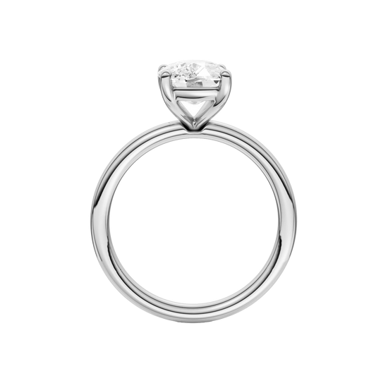 Profile view of the Elongated cushion cut diamond engagement ring in platinum with a plain band and solitaire setting