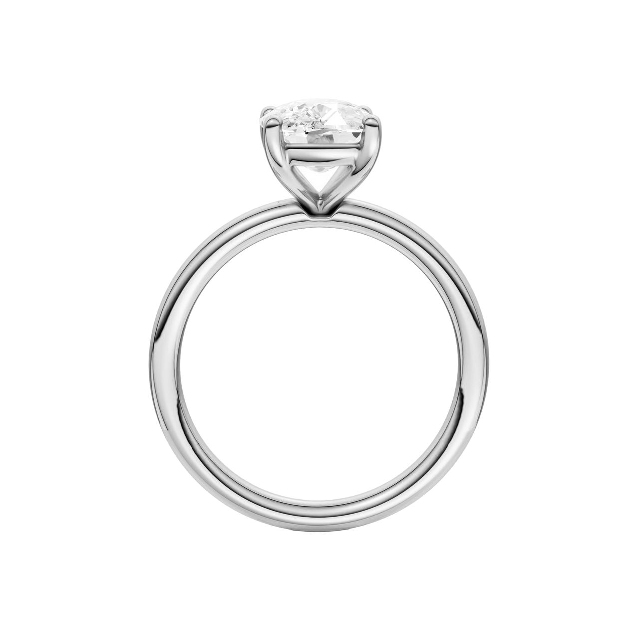 Profile view of the Elongated cushion cut diamond engagement ring in 14k white gold with a plain band and solitaire setting