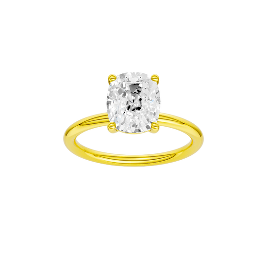 Front view of the Elongated cushion cut diamond engagement ring in 14k yellow gold with a plain band and solitaire setting