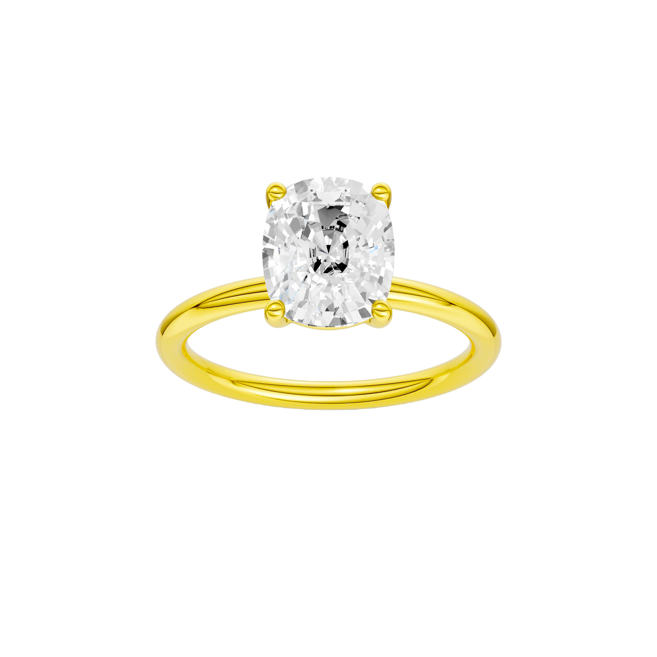 Front view of the Elongated cushion cut diamond engagement ring in 14k yellow gold with a plain band and solitaire setting