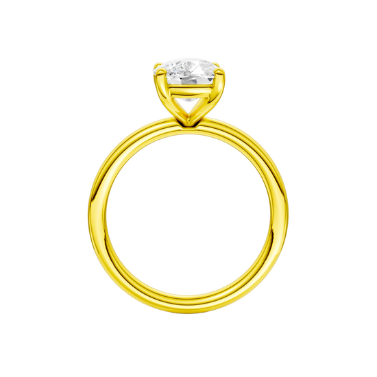 Profile view of the Elongated cushion cut diamond engagement ring in 14k yellow gold with a plain band and solitaire setting