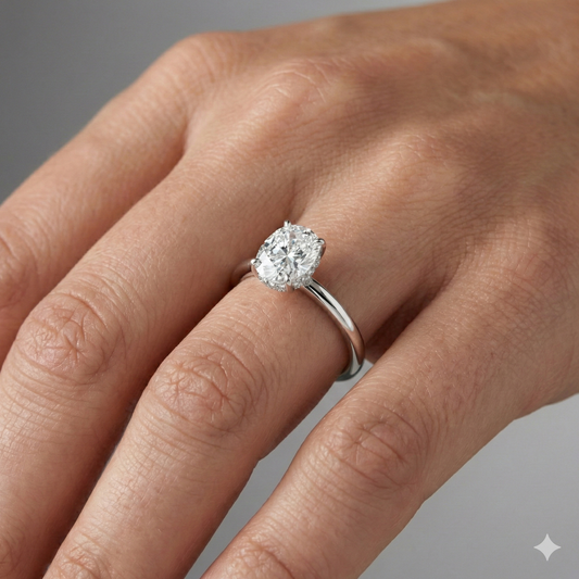Elongated cushion cut diamond engagement ring in 14k white gold with a plain band and solitaire setting on a hand