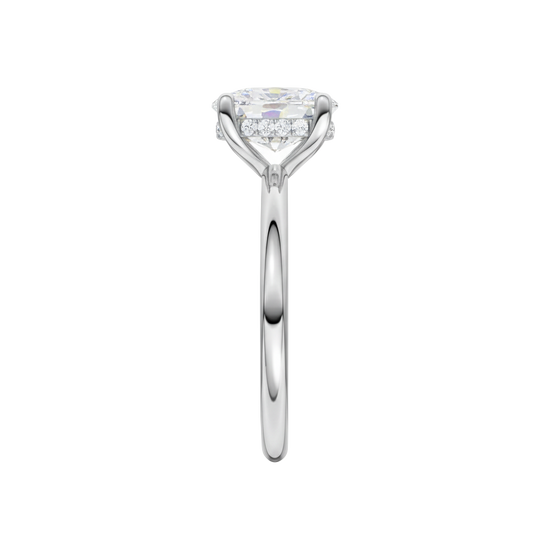 A side-on view of the white gold Provenance ring emphasizing its softly luminous take on minimalism and intentional, quietly luxe design.