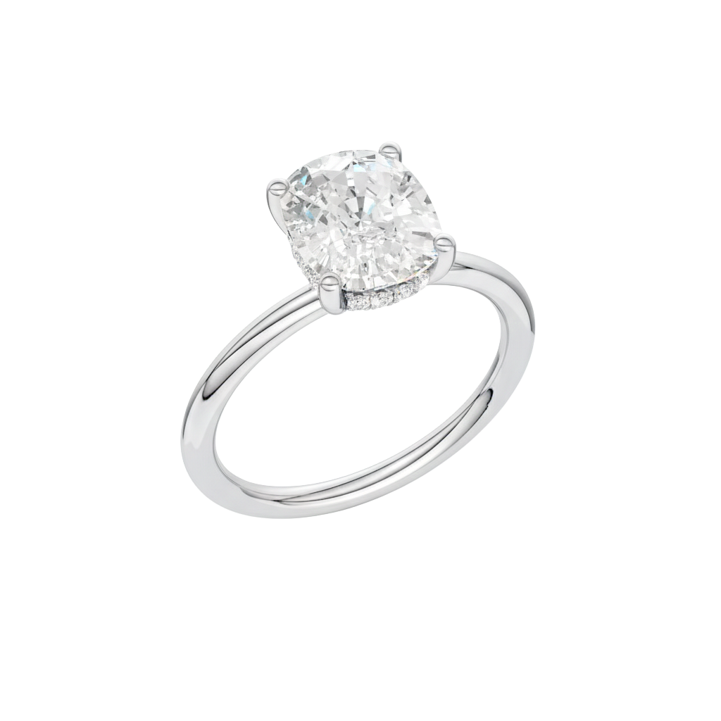 A three-quarter view of the white gold Provenance ring showing the hidden halo that brings a little secret shimmer beneath the center stone.