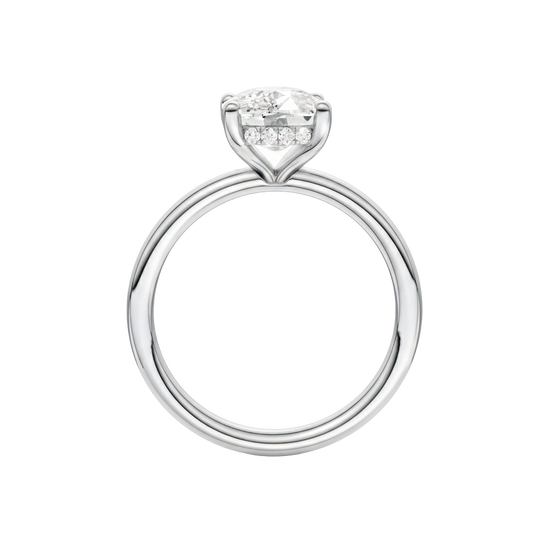 A profile view of the Elongated cushion cut diamond engagement ring in platinum with a plain band and solitaire setting