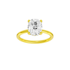 A front view of the elongated cushion-cut diamond on a clean, sculptural yellow gold band.