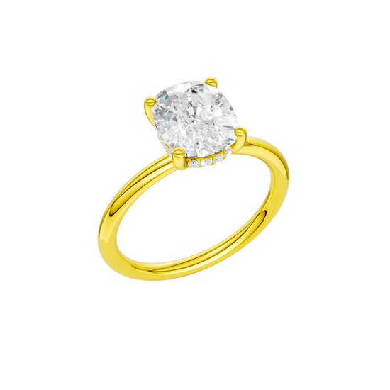 A three-quarter view of the yellow gold Provenance ring showing the hidden halo that brings a little secret shimmer beneath the center stone.
