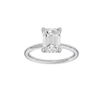 A front view of the Emerald cut diamond engagement ring in 14k white gold with a plain band and solitaire setting