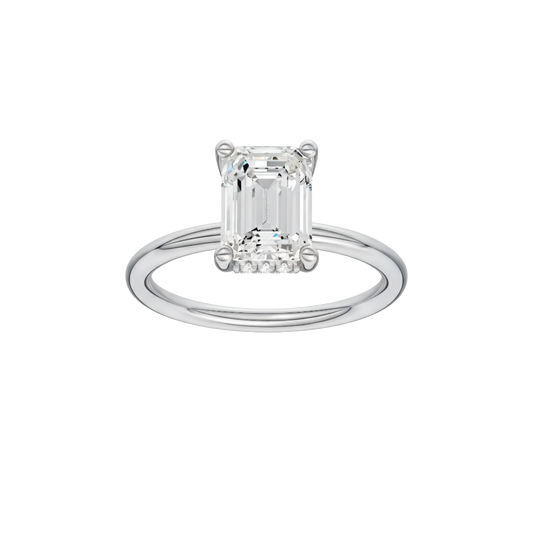A front view of the Emerald cut diamond engagement ring in 14k white gold with a plain band and solitaire setting