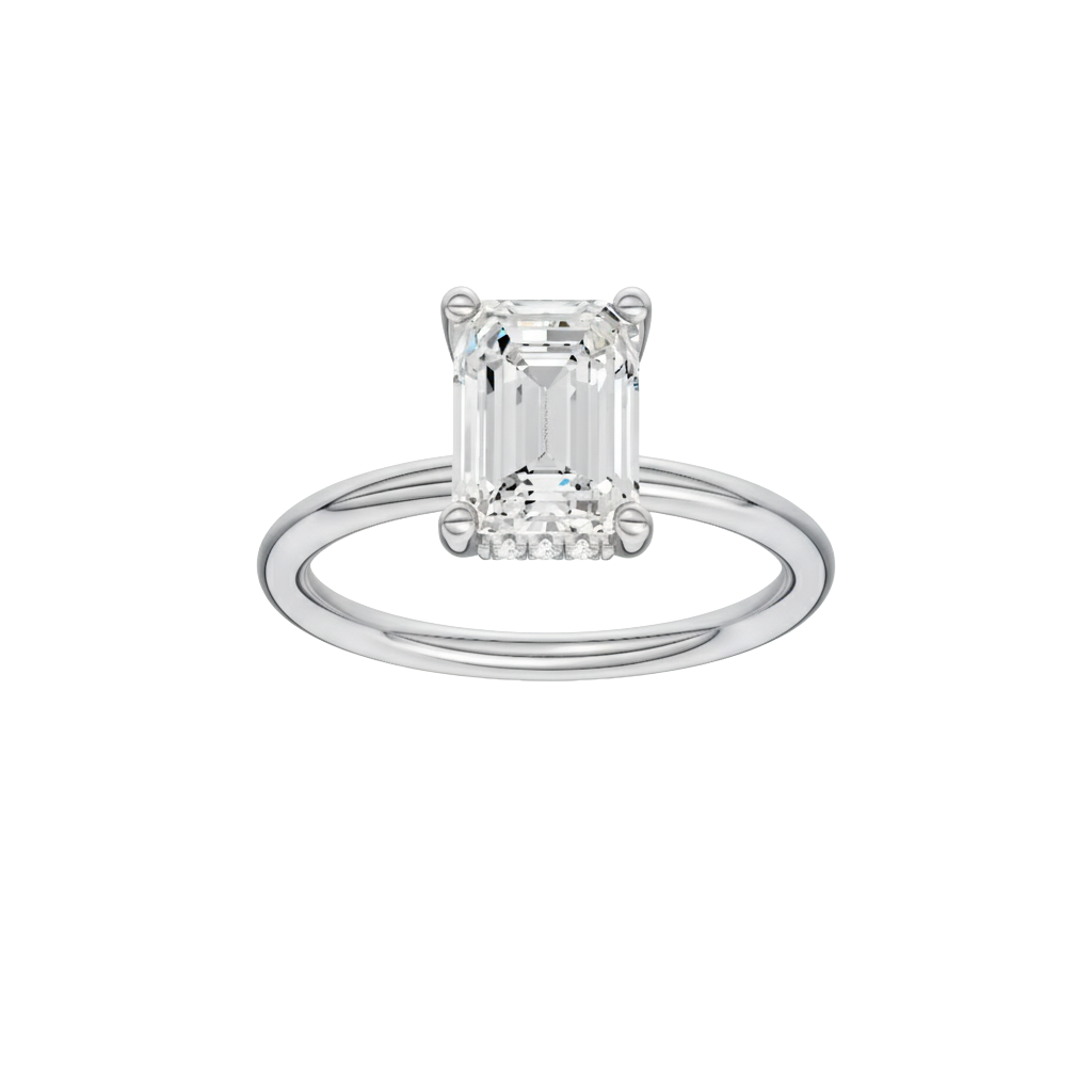 A front view of the Emerald cut diamond engagement ring in platinum with a plain band and solitaire setting