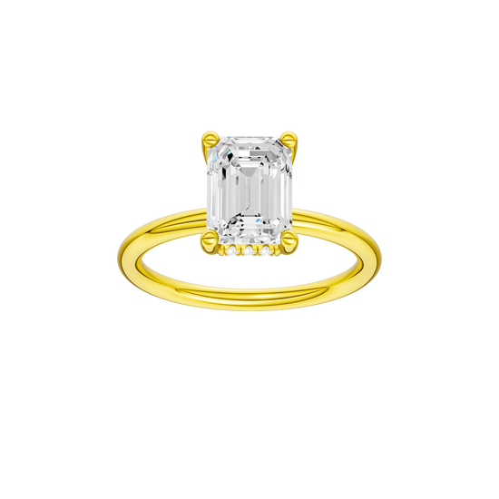 A front view of the Emerald cut diamond engagement ring in 14k yellow gold with a plain band and solitaire setting
