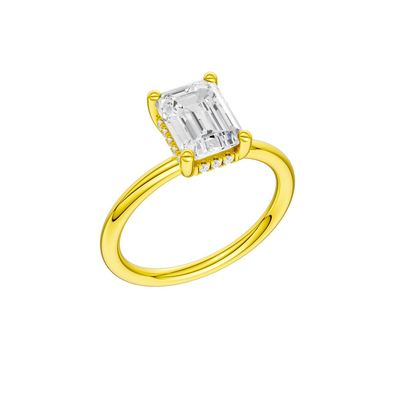 A three-quarter view of the Emerald cut diamond engagement ring in 14k yellow gold with a plain band and solitaire setting