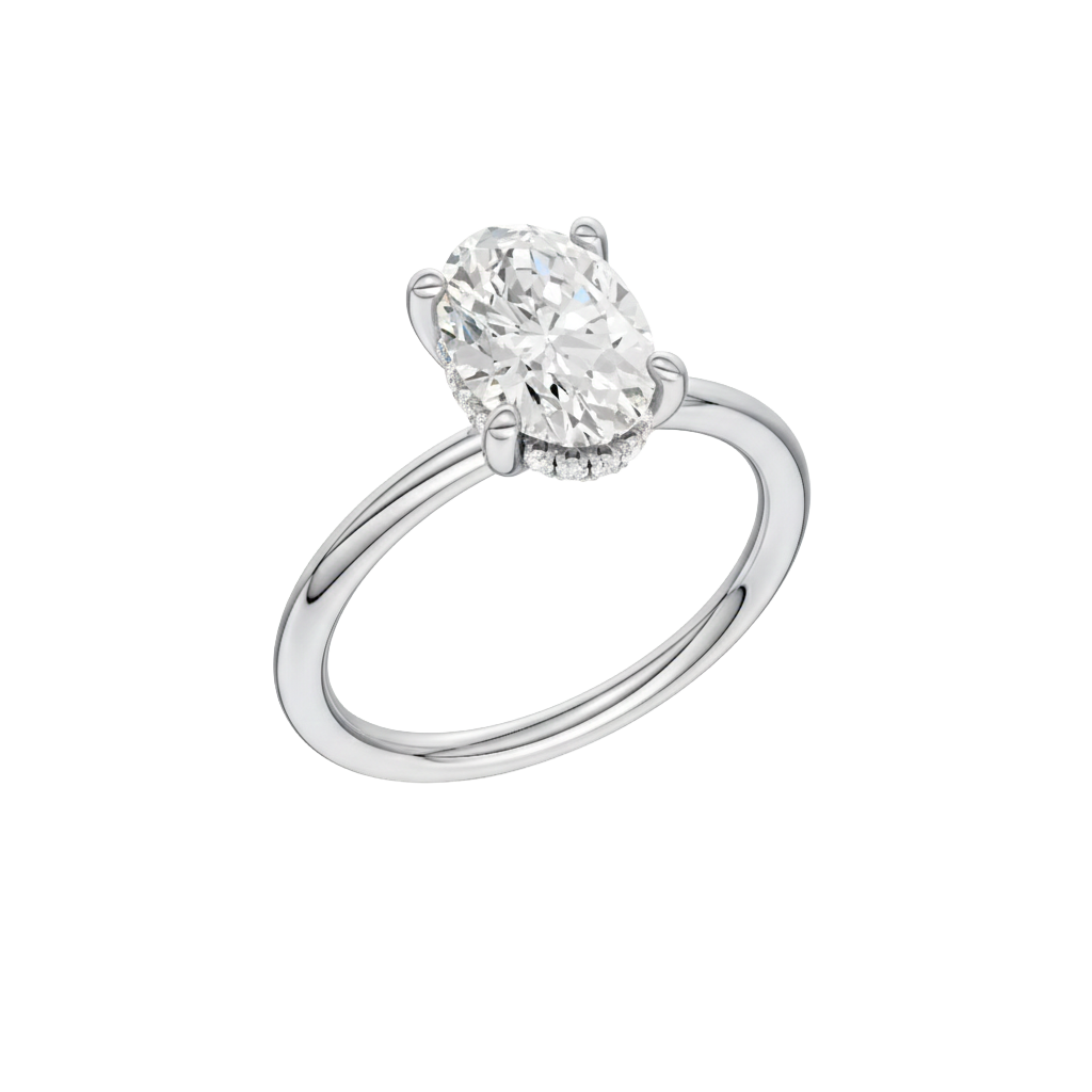 A three-quarter view of the Oval cut diamond engagement ring in platinum with a plain band and solitaire setting