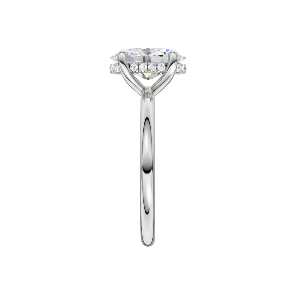 A side view of the Oval cut diamond engagement ring in platinum with a plain band and solitaire setting