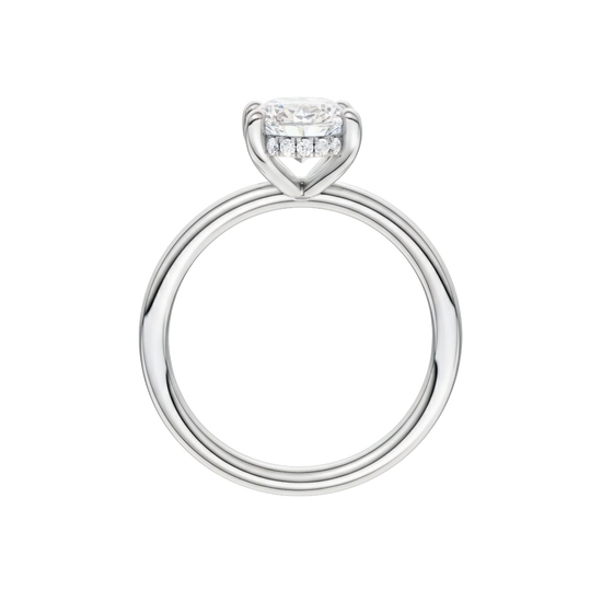 A profile view of the Oval cut diamond engagement ring in 14k white gold with a plain band and solitaire setting