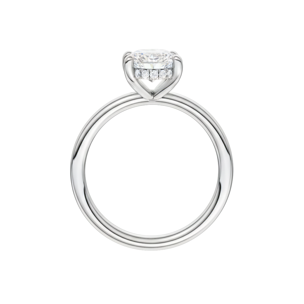 A profile view of the Oval cut diamond engagement ring in 14k white gold with a plain band and solitaire setting