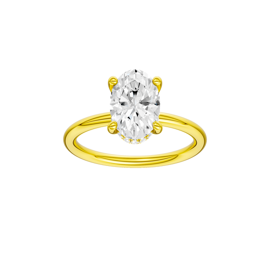 A front view of the Oval cut diamond engagement ring in 14k yellow gold with a plain band and solitaire setting