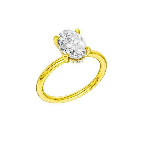 A three-quarter view of the Oval cut diamond engagement ring in 14k yellow gold with a plain band and solitaire setting