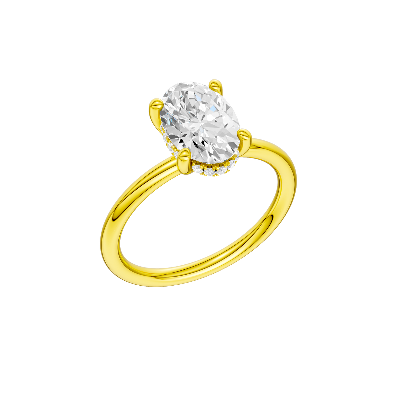 A three-quarter view of the Oval cut diamond engagement ring in 14k yellow gold with a plain band and solitaire setting