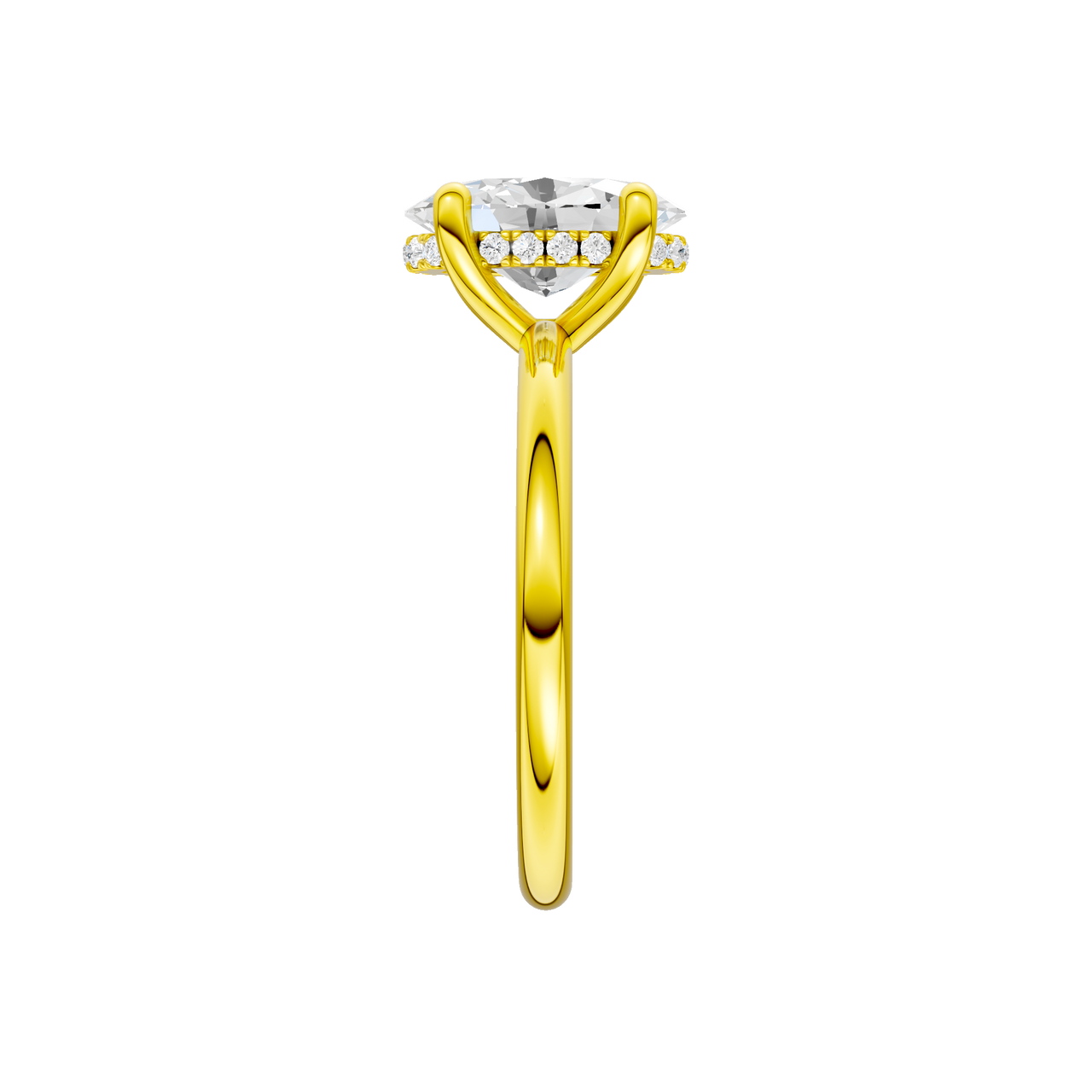 A side view of the Oval cut diamond engagement ring in 14k yellow gold with a plain band and solitaire setting