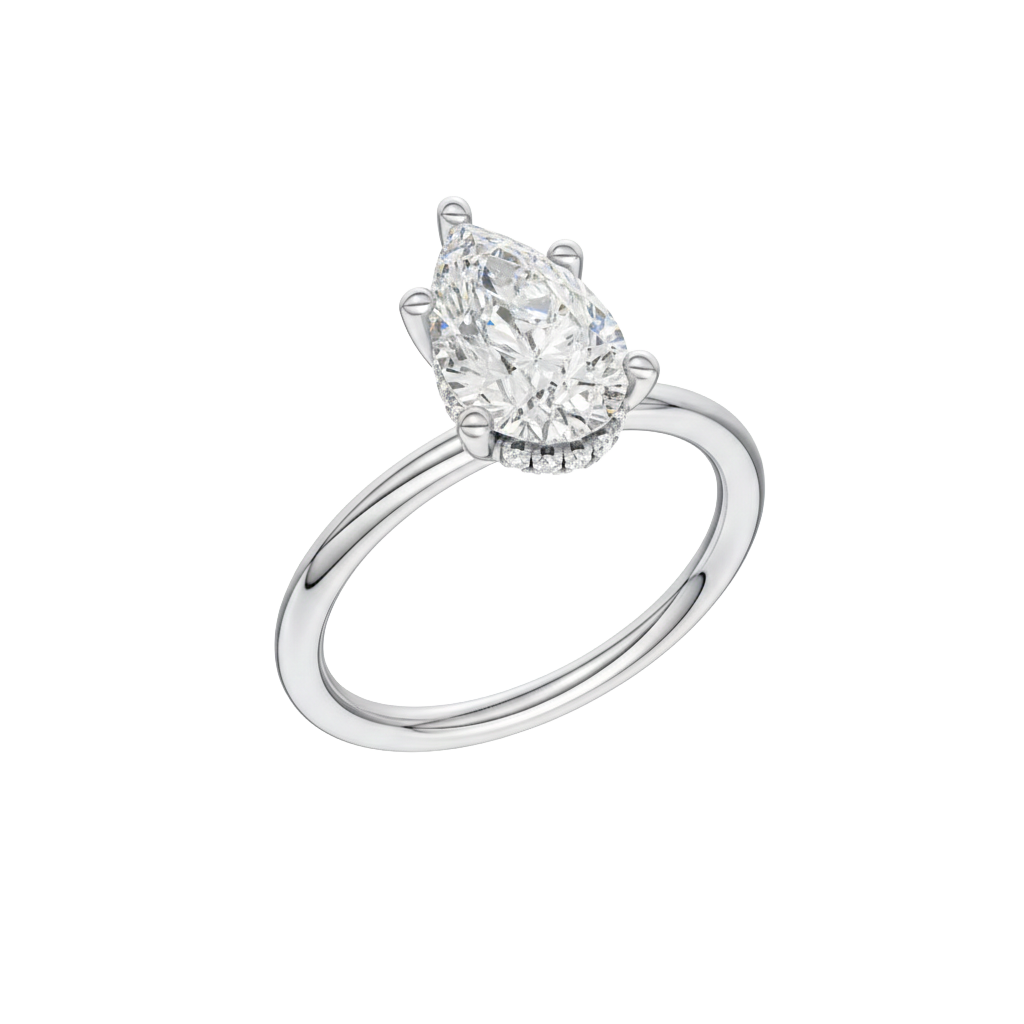 A three-quarter view of the Pear cut diamond engagement ring in platinum with a plain band and solitaire setting