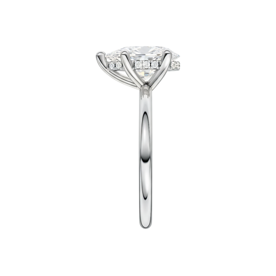 A side view of the Pear cut diamond engagement ring in platinum with a plain band and solitaire setting