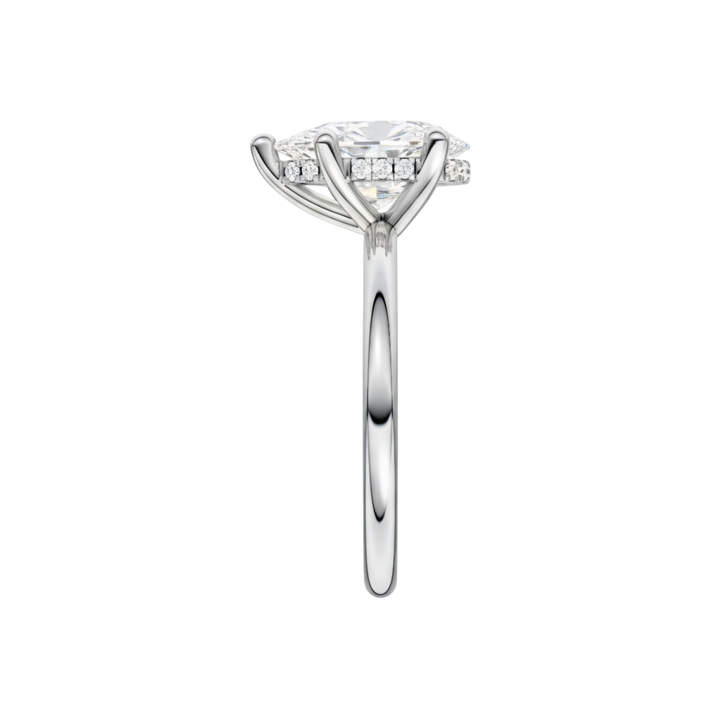 A side view of the Pear cut diamond engagement ring in 14k white gold with a plain band and solitaire setting