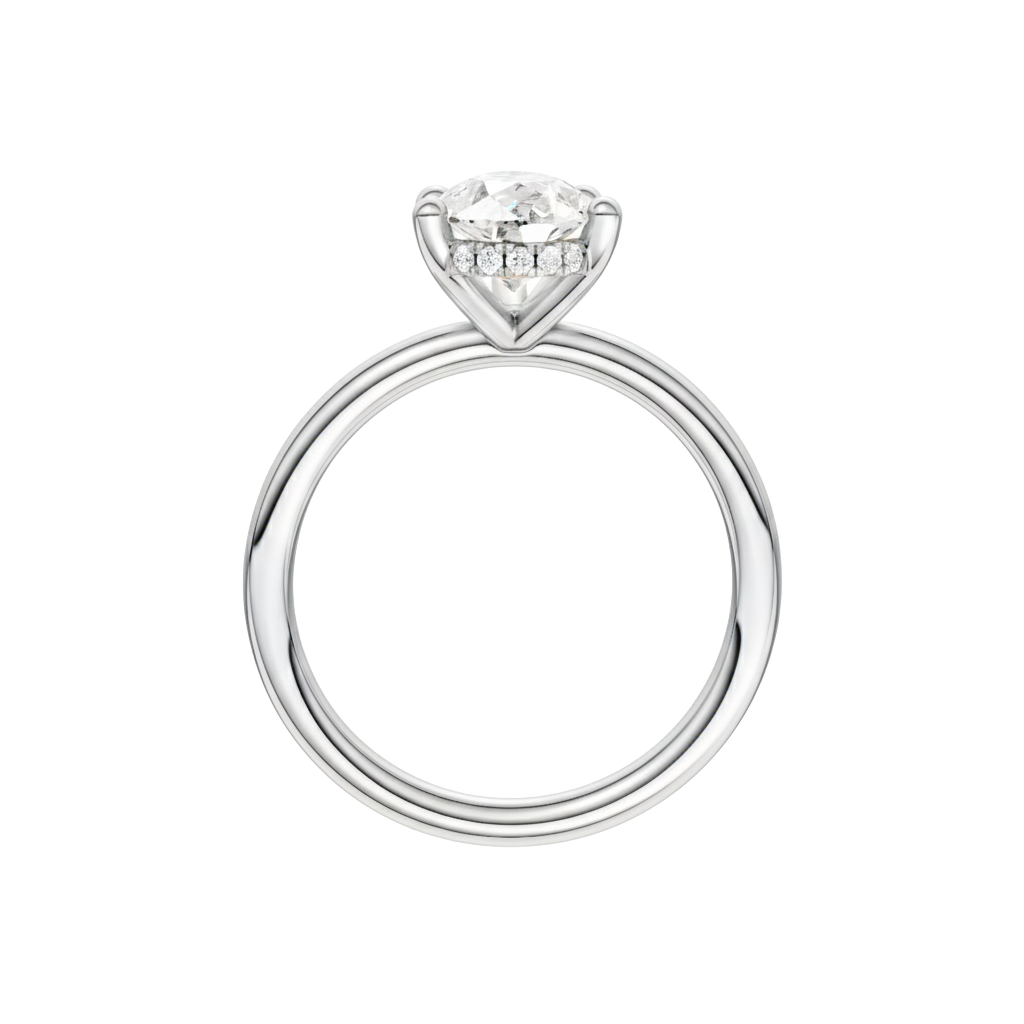 A profile view of the Pear cut diamond engagement ring in platinum with a plain band and solitaire setting