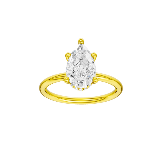 A front view of the Pear cut diamond engagement ring in 14k yellow gold with a plain band and solitaire setting